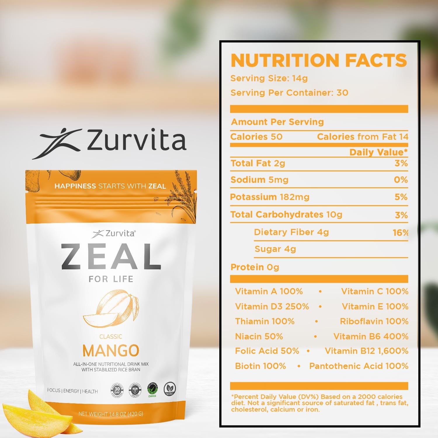 Zurvita Zeal for Life Wellness Drink Mix - Sabor Mango - Sin Gluten, Vegano, con Biotina, Vitaminas B12, C, D, E, Hierro, Magnesio - 30 Porciones (420g)