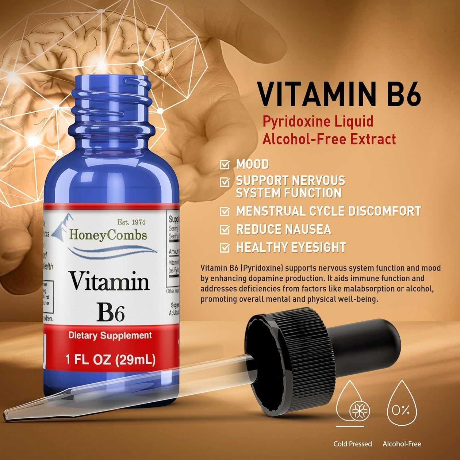 Vitamina B6 Líquida Gotas - Piridoxina HCl, 30 ml - Alta Potencia, Sin Alcohol