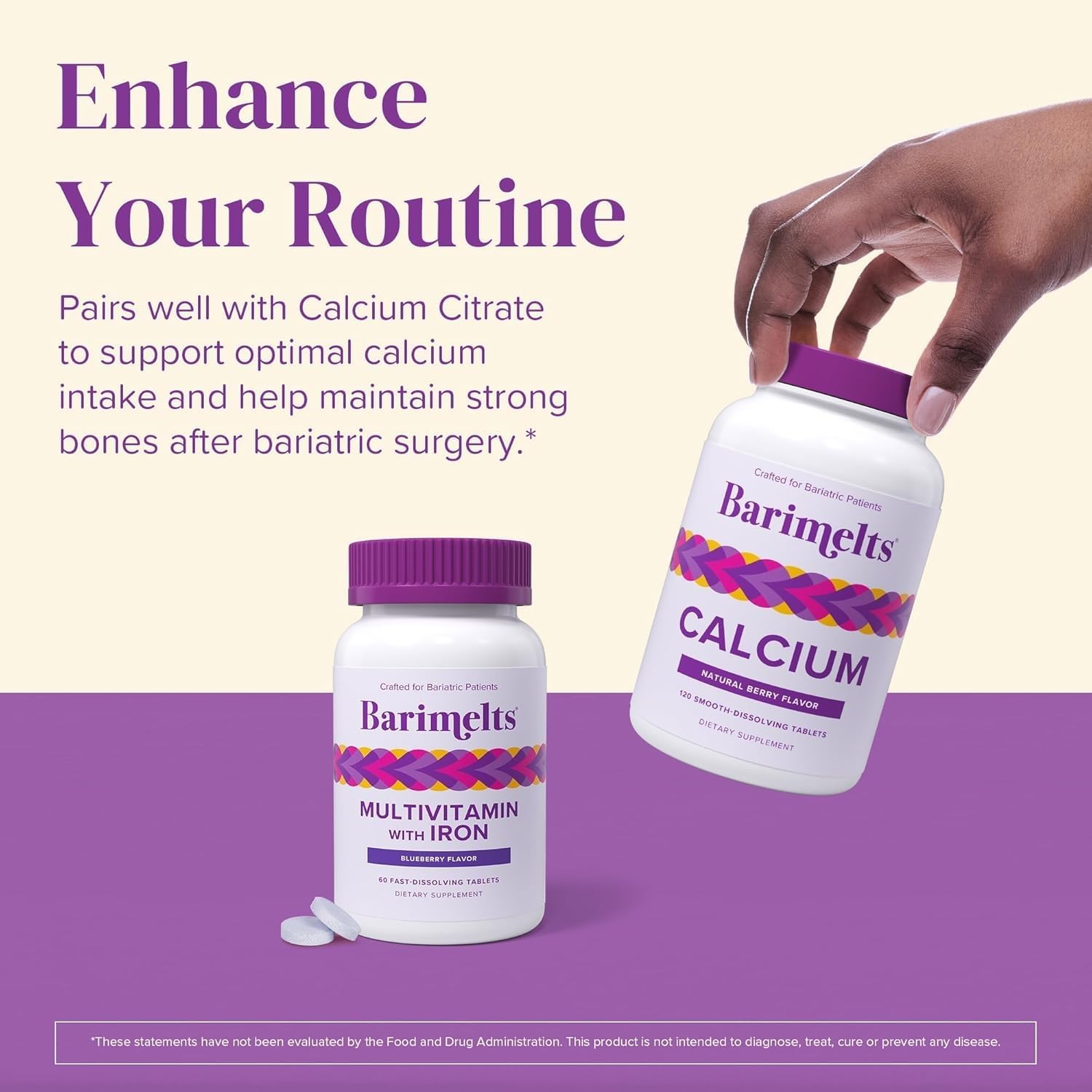 BariMelts Multivitamínico Bariátrico con Hierro - Suministro para 1 Mes (60 Comprimidos de Disolución Rápida) - Sin Azúcar - Vitaminas Postoperatorias - Sabor Natural a Arándanos