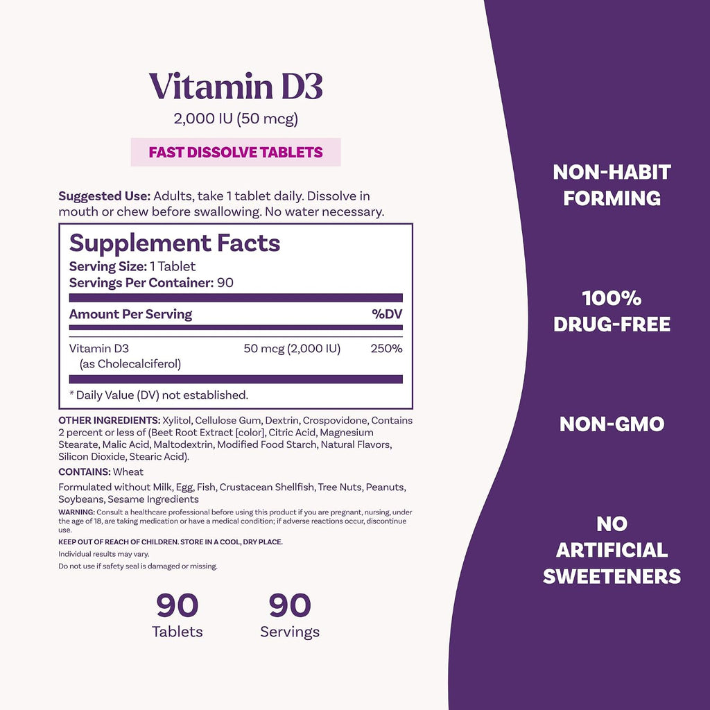 Natrol Vitamina D3 2.000 UI Comprimidos de Disolución Rápida, 90 Unidades