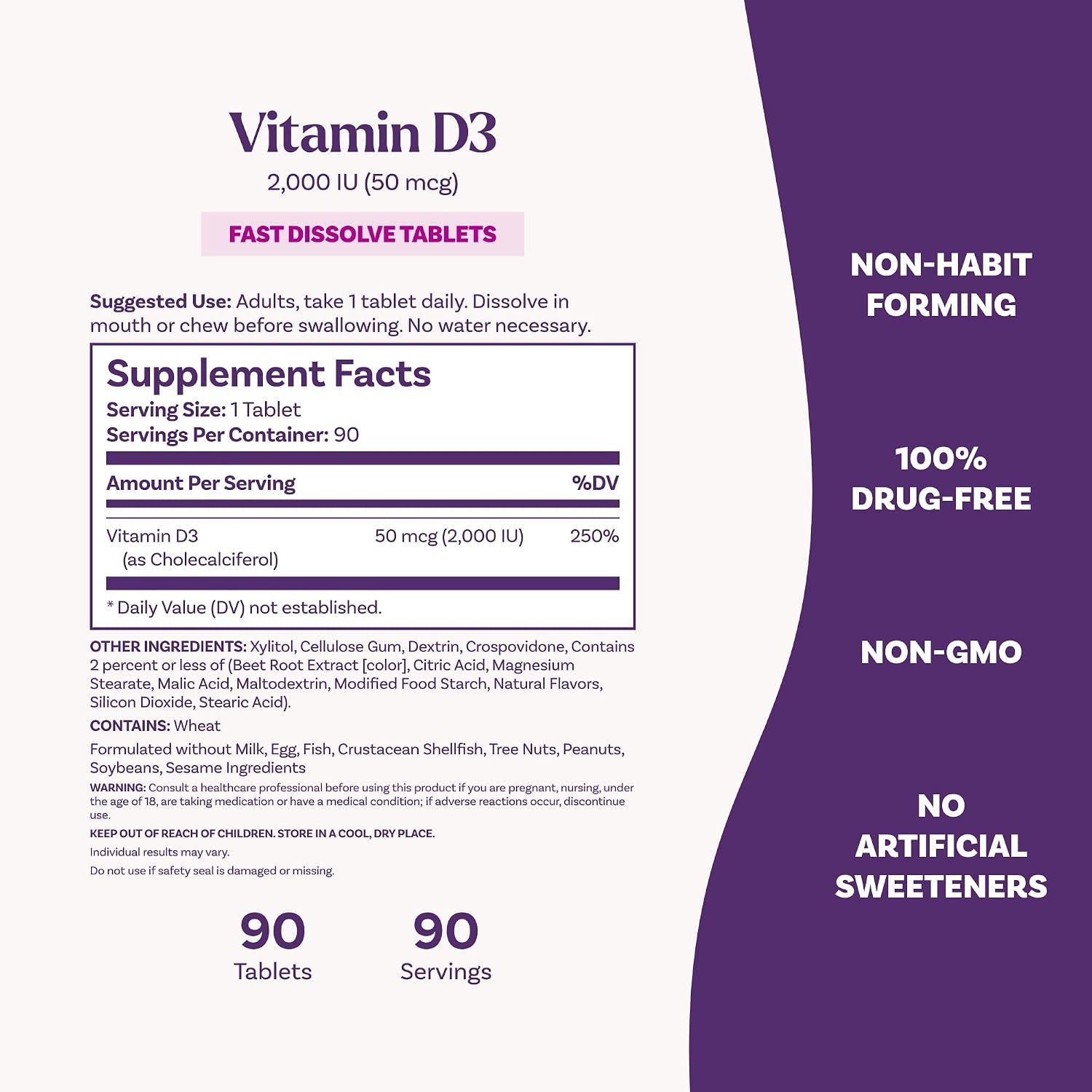 Natrol Vitamina D3 2.000 UI Comprimidos de Disolución Rápida, 90 Unidades
