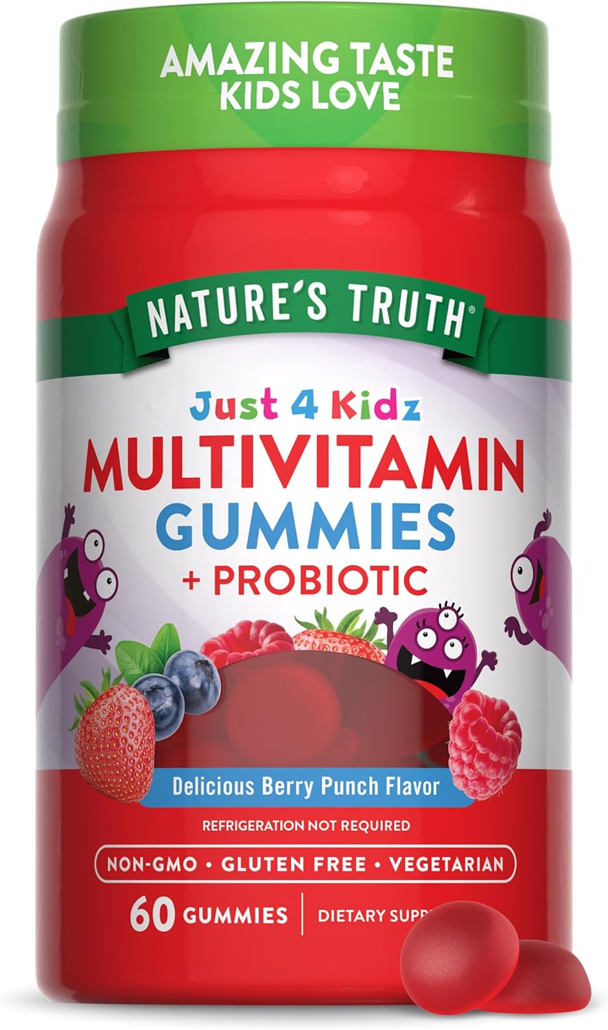 Nature's Truth Kids Multivitamin Gummies with Probiotics | 60 Gomitas | Sabor Berry Punch | Suplemento Vegetariano, No GMO y Sin Gluten