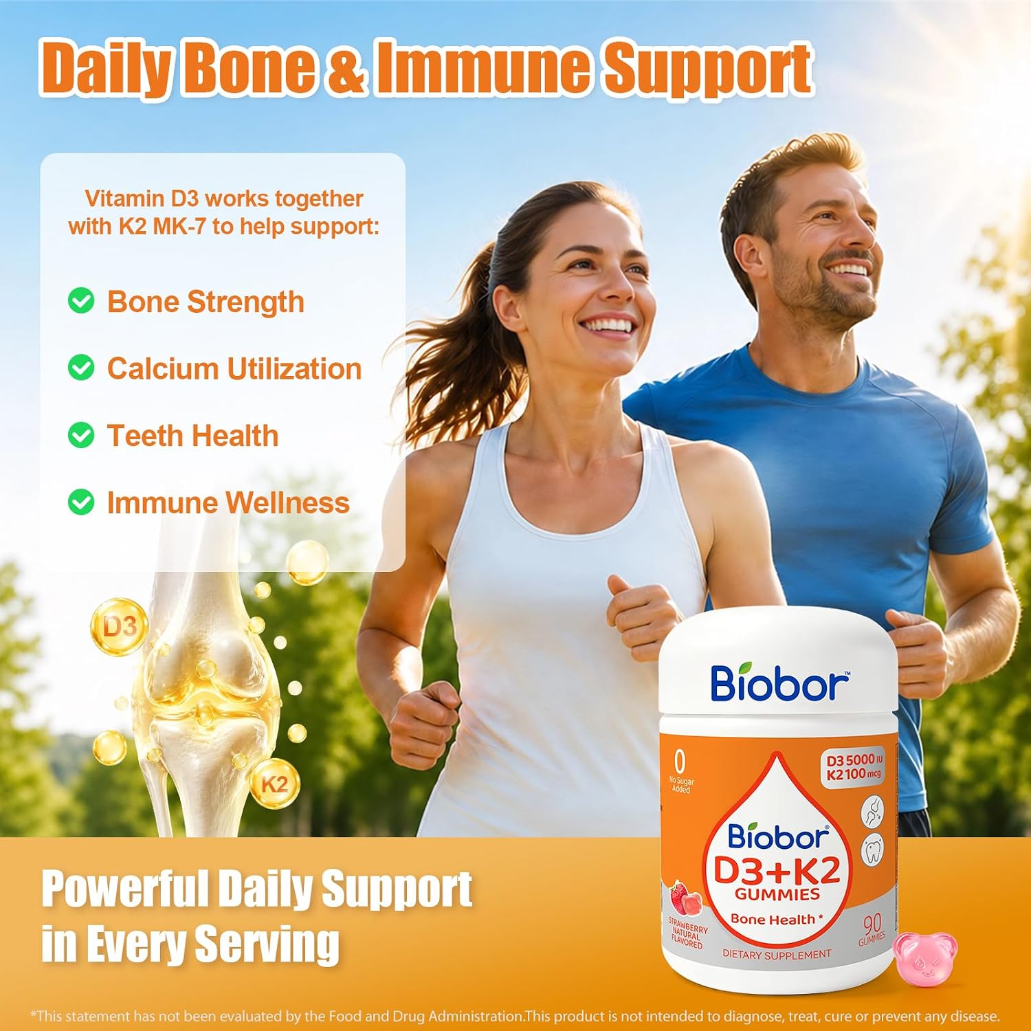 Biobor Natural Vitamin D3 K2 Gummies, 5000 UI D3 + 100 mcg K2 (MK-7), 90 Gominolas
