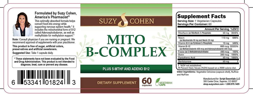 Script Essentials Suzy Cohen, Mito B Complex - Suplemento de Complejo B con 5-MTHF y Adeno B12, 60 Cápsulas