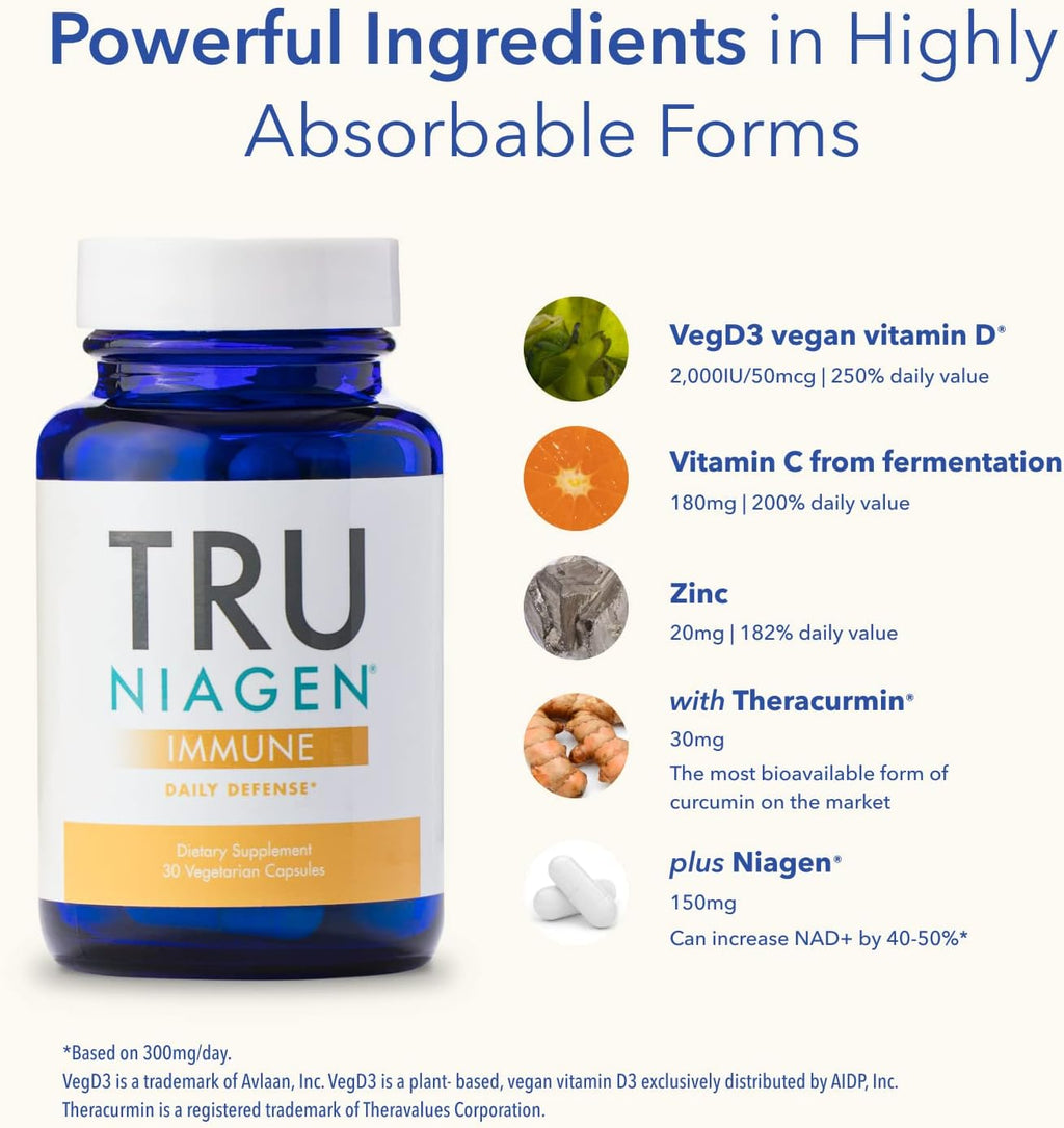 TRU NIAGEN Immune Support – Complejo para el sistema inmunitario con Niagen, Vitamina C, D3, Zinc y Theracurmin (30 cápsulas)