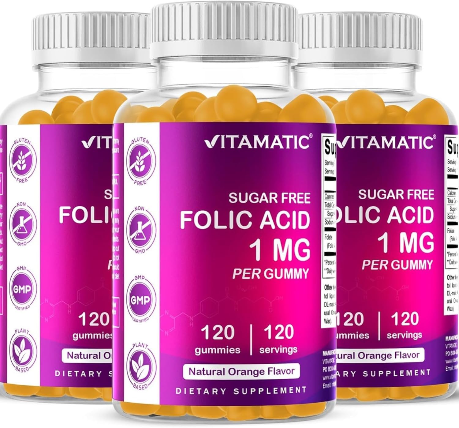 Vitamatic Ácido Fólico Gummies 1000 mcg (1 mg) - 120 Gominolas Veganas, Paquete de 2