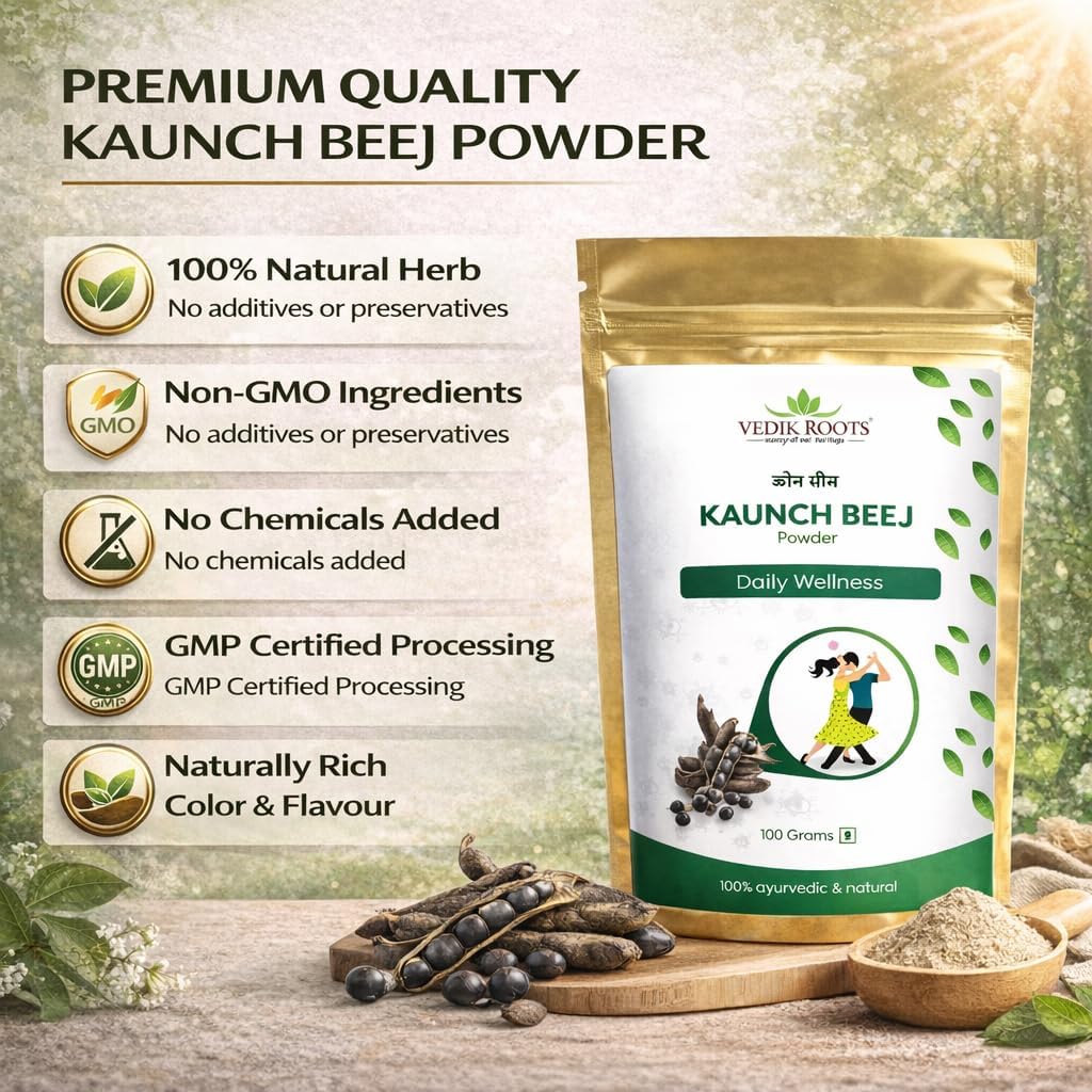 VEDIKROOTS Kaunch Beej Polvo | Polvo de Semilla de Mucuna Pruriens Puro | Hierba Ayurvédica Tradicional | 100g