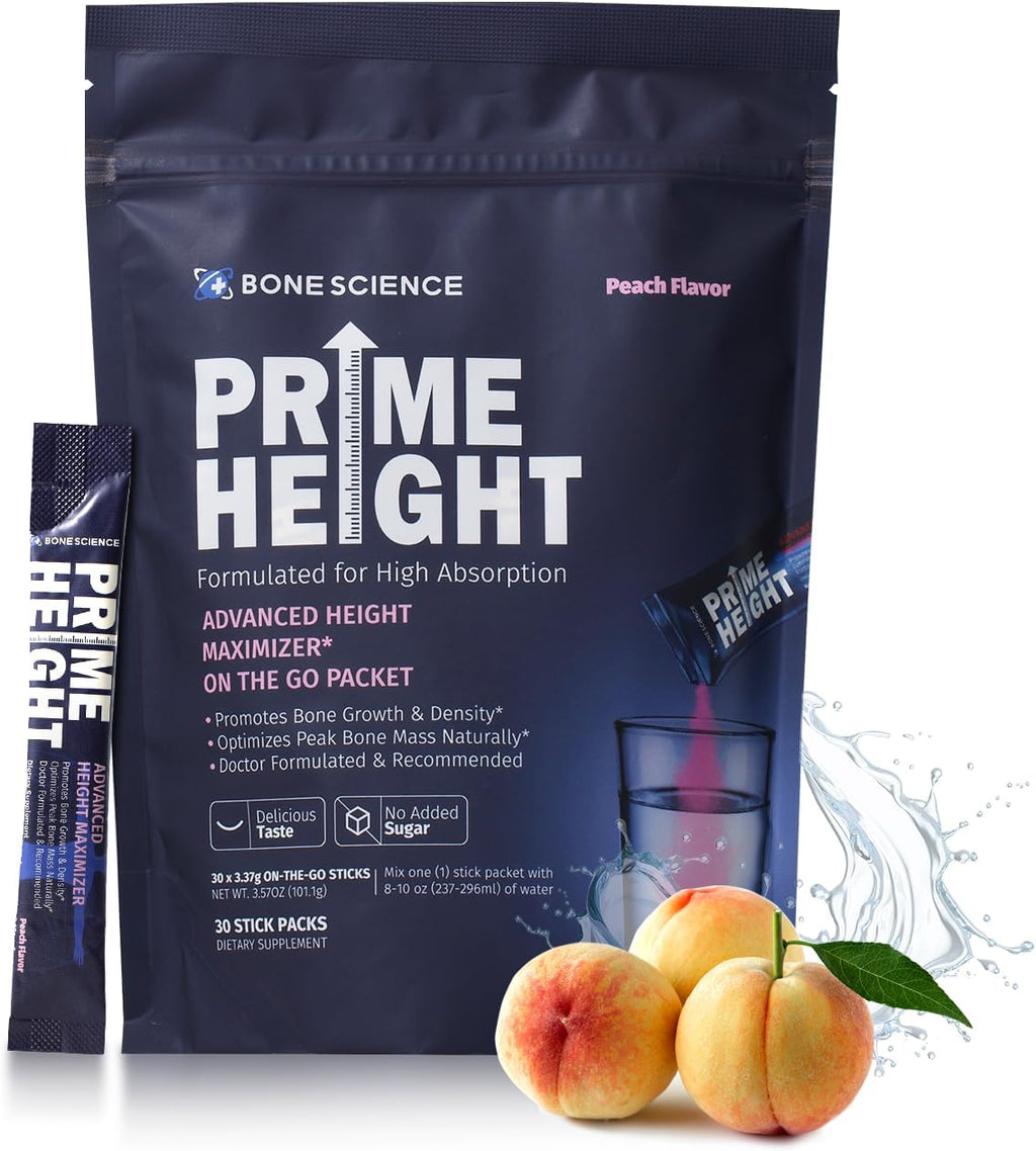 BONE SCIENCE Primeheight Multivitamínico en Polvo para Niños y Adolescentes - Sin Azúcar, Sabor Melocotón, 30 Sticks