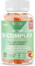 SUKU Gomitas de Complejo B con Vitamina C – Sin Azúcar, Vegano, 8 Vitaminas B, Sabor Melocotón (50 Gomitas)