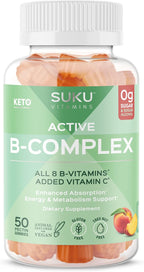 SUKU Gomitas de Complejo B con Vitamina C – Sin Azúcar, Vegano, 8 Vitaminas B, Sabor Melocotón (50 Gomitas)