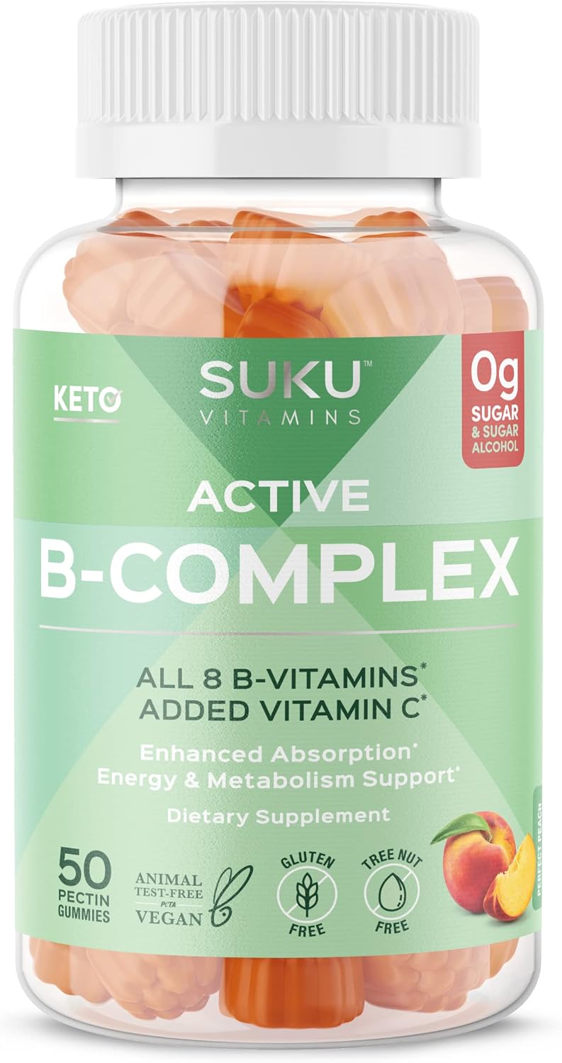 SUKU Gomitas de Complejo B con Vitamina C – Sin Azúcar, Vegano, 8 Vitaminas B, Sabor Melocotón (50 Gomitas)