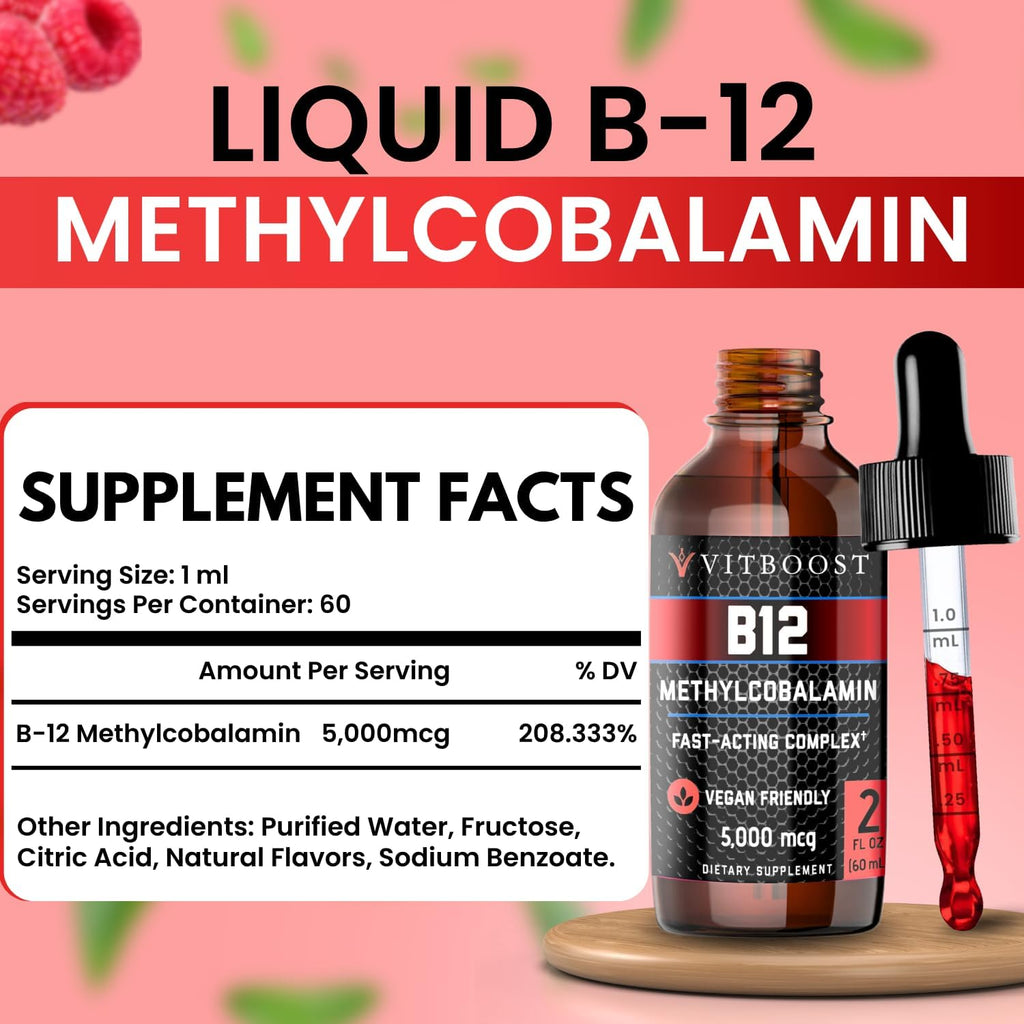 VITBOOST Gotas de Vitamina B12 Líquida Vegana – 60 dosis de 5000 mcg con Sabor a Frambuesa – Metilcobalamina Sublingual