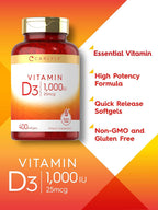 Carlyle Vitamina D3 1000IU | 25 mcg | 400 Cápsulas Blandas | Alta Potencia | No-GMO y Sin Gluten