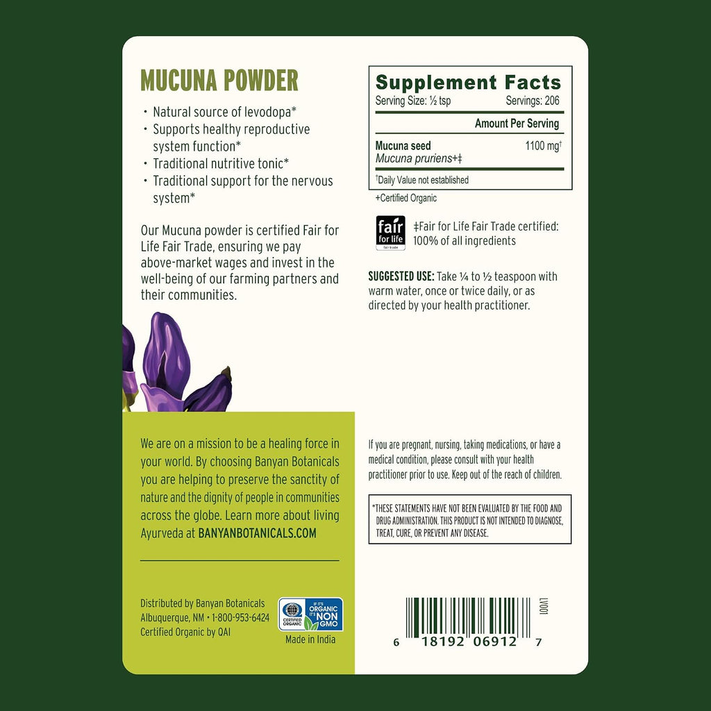 Banyan Botanicals Kapikacchu en Polvo, 1/2 Libra - Orgánico USDA - Mucuna pruriens - Fuente natural de L-dopa*