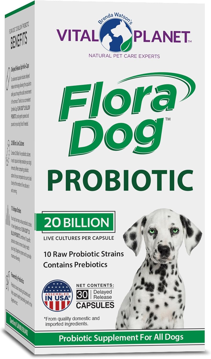 Vital Planet Flora Dog Probióticos para Perros – 20 Mil Millones de Cultivos, 10 Cepas – 30 Cápsulas de Liberación Retardada
