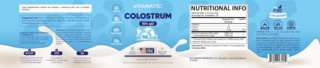 Vitamatic Calostro Bovino en Polvo - 50% IgG - 120g (60 dosis)