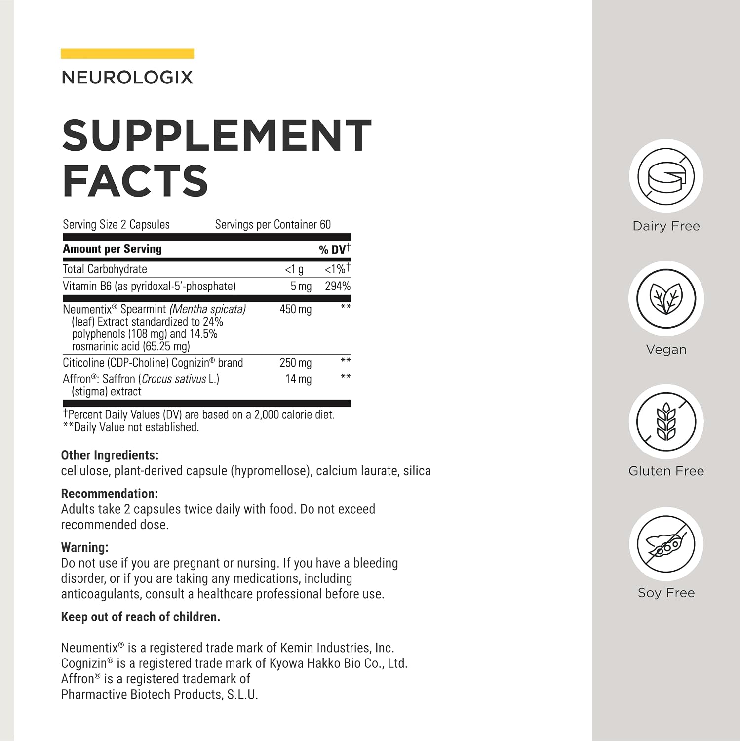 Integrative Therapeutics Neurologix - con Azafrán y CDP-Colina - Suplemento Nootrópico para la Salud Cerebral* - Enfoque* - Apoyo a la Memoria* - Vegano, Sin Gluten y Sin Lácteos - 120 Cápsulas (60 Porciones)