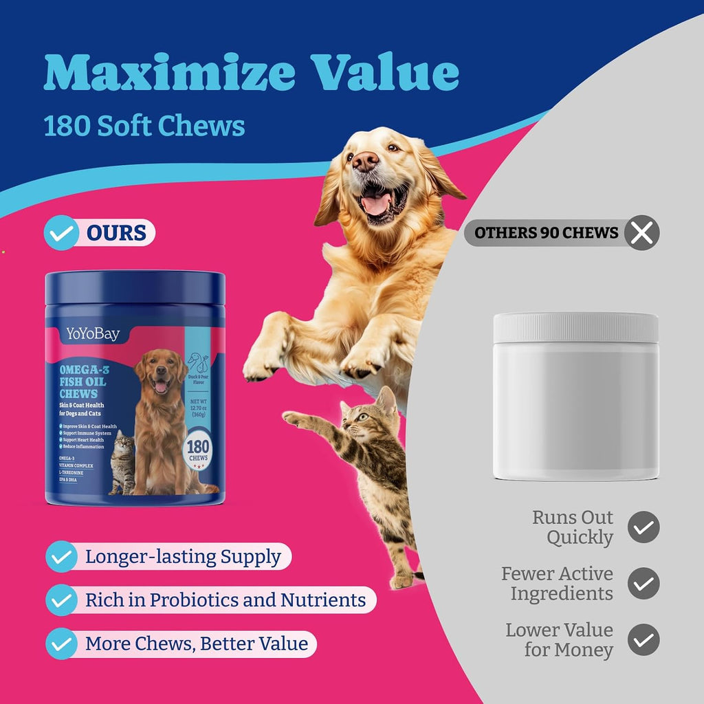 YoYoBay Masticables de Aceite de Pescado para Perros y Gatos - 180 chews blandos sabor pato y pera