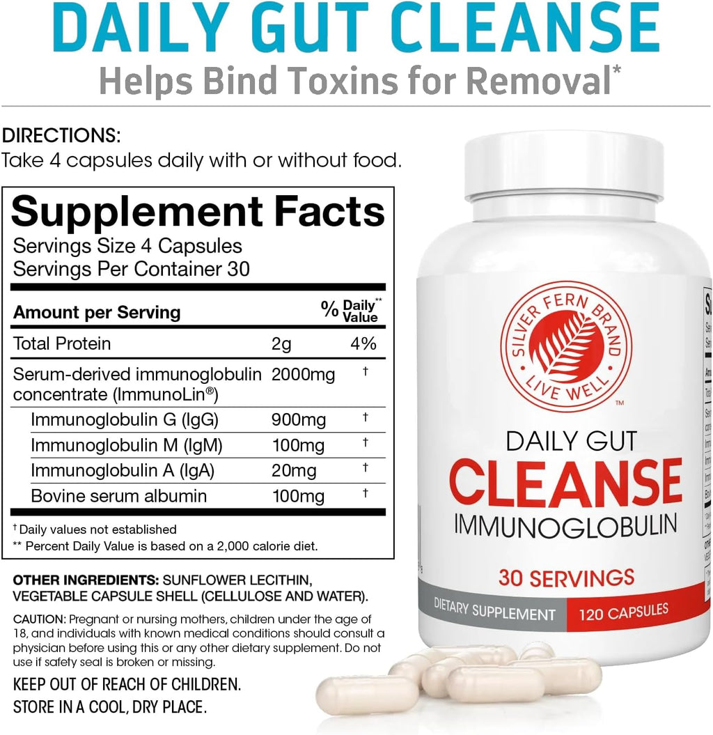 Silver Fern Cleanse - Daily Gut - 120 Cápsulas - 30 Días - Inmunoglobulinas G, A y M (IgG, IgA, IgM) - Postbiótico