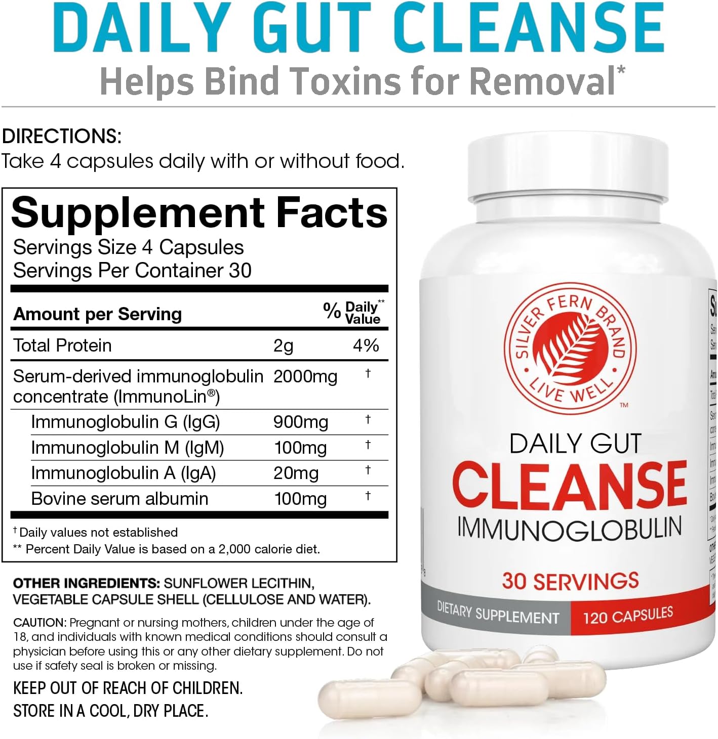 Silver Fern Cleanse - Daily Gut - 120 Cápsulas - 30 Días - Inmunoglobulinas G, A y M (IgG, IgA, IgM) - Postbiótico