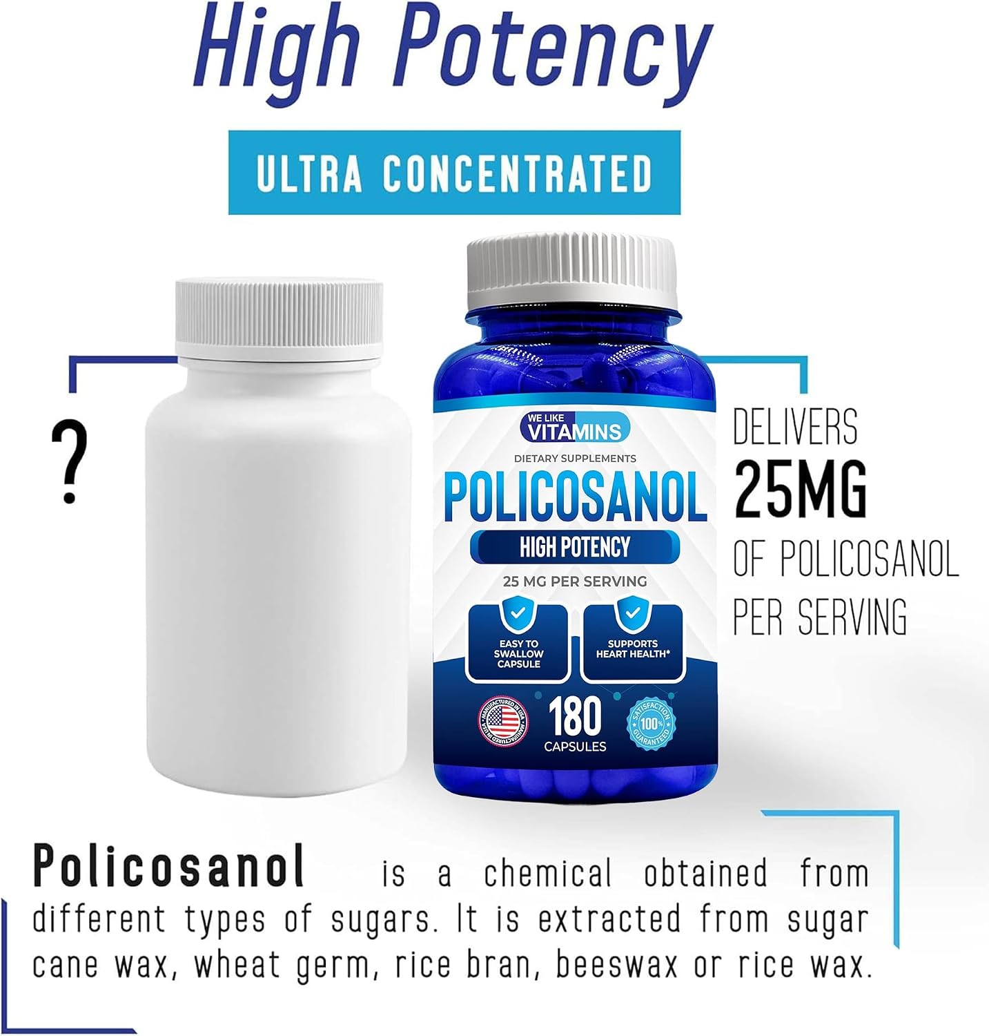 Policosanol 25mg - 180 Cápsulas - Suplemento Alimenticio de Caña de Azúcar - No OGM y Sin Gluten
