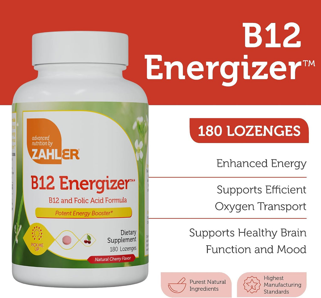 Zahler Energizer Vitamina B12 5000 mcg - Pastillas Disolubles Sabor Cereza - Metilcobalamina - 180 Comprimidos