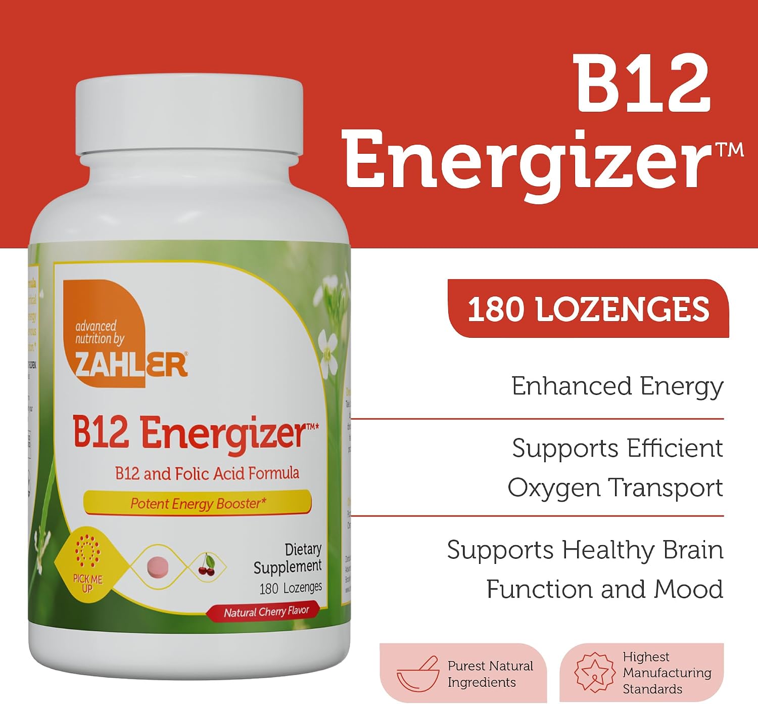 Zahler Energizer Vitamina B12 5000 mcg - Pastillas Disolubles Sabor Cereza - Metilcobalamina - 180 Comprimidos