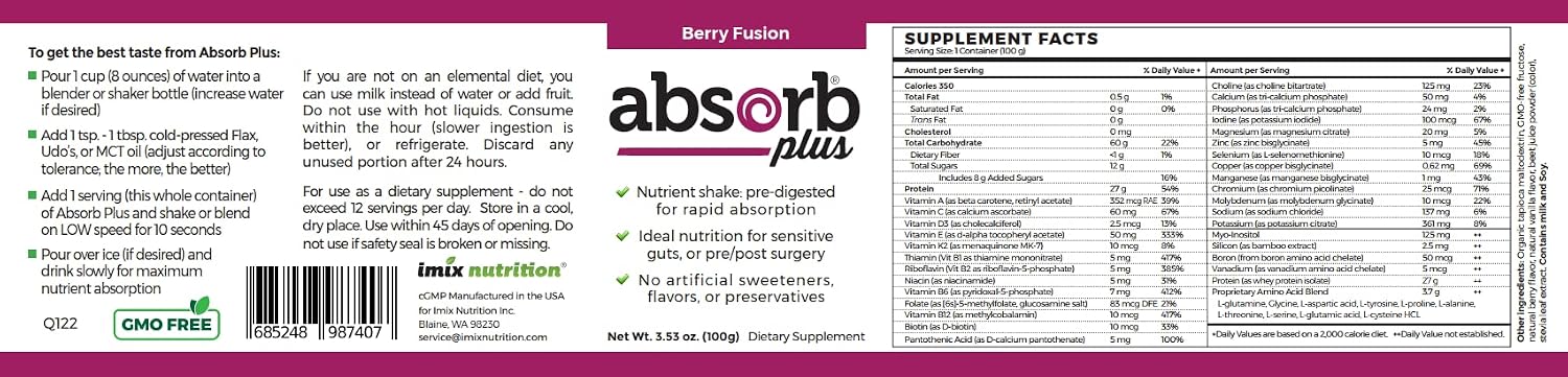 Absorb Plus Isolate Protein - Suplemento Dietético para Salud Digestiva (100 g, Berry Fusion)