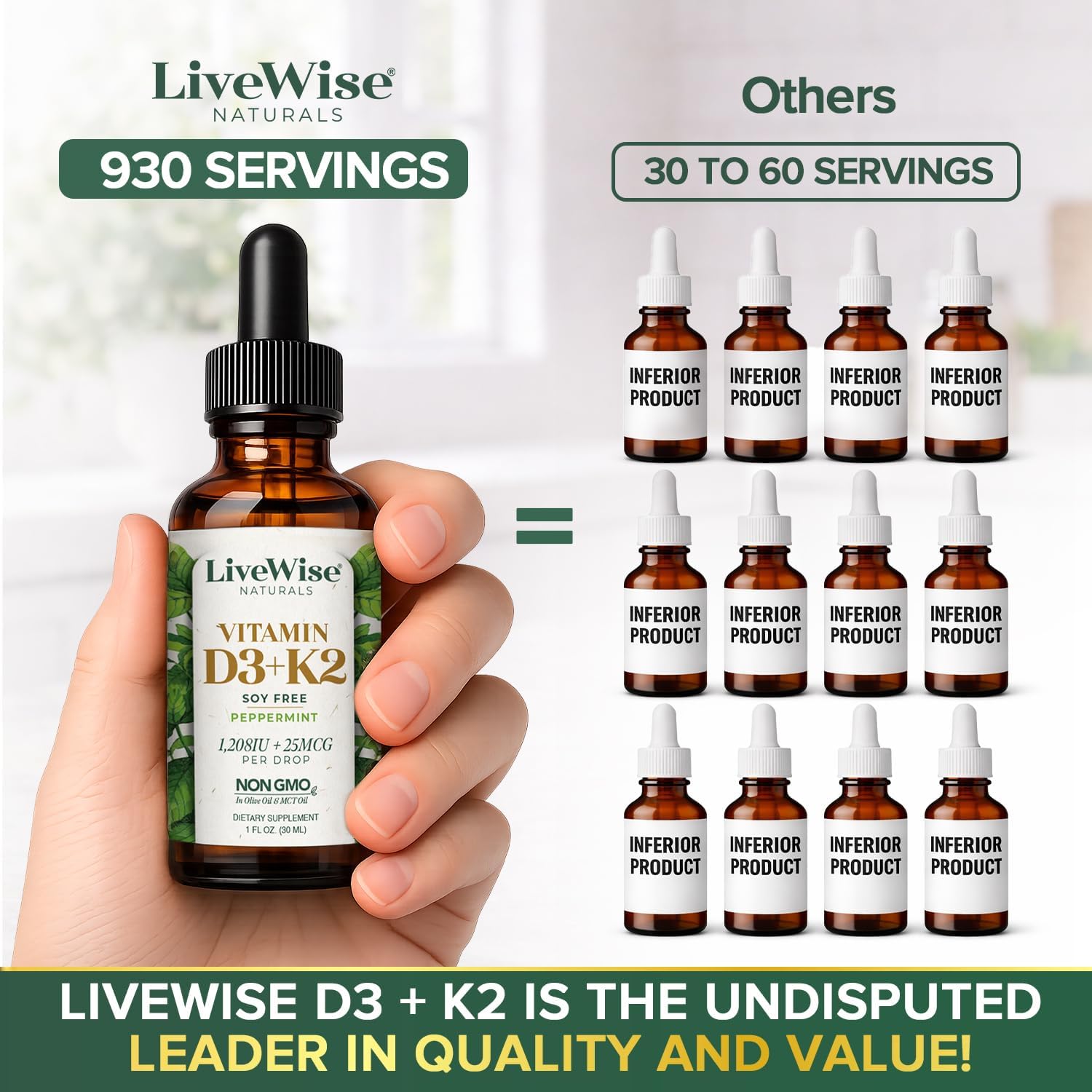 Live Wise Naturals Vitamin D3 K2 (MK-7) Mint Drops for Adults | 930 Drops, Ultra Concentrated Formula, 1208 IU, 25 MCG, Customizable Microdose Dropper, Calcium and Bone Support