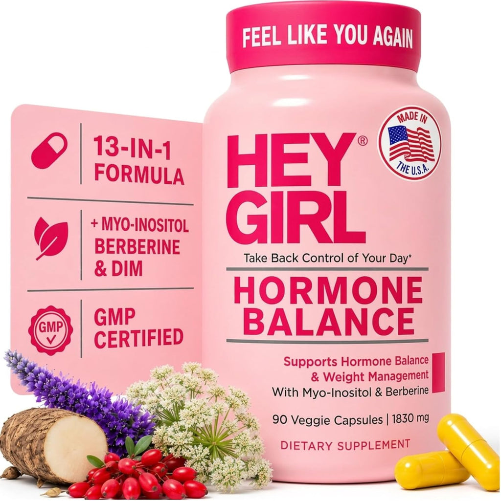 Hey Girl Hormone Balance for Women - DIM, Myo-Inositol & Berberine Supplement for Menopause, Perimenopause, PMS & PCOS Support - Mood, Energy & Cycle Support with Maca & Black Cohosh, 90 Capsules