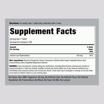 Piping Rock Vitamin K, 100 mcg, 240 Tablets – La vitamina K contribuye al mantenimiento de los huesos en – Image 2