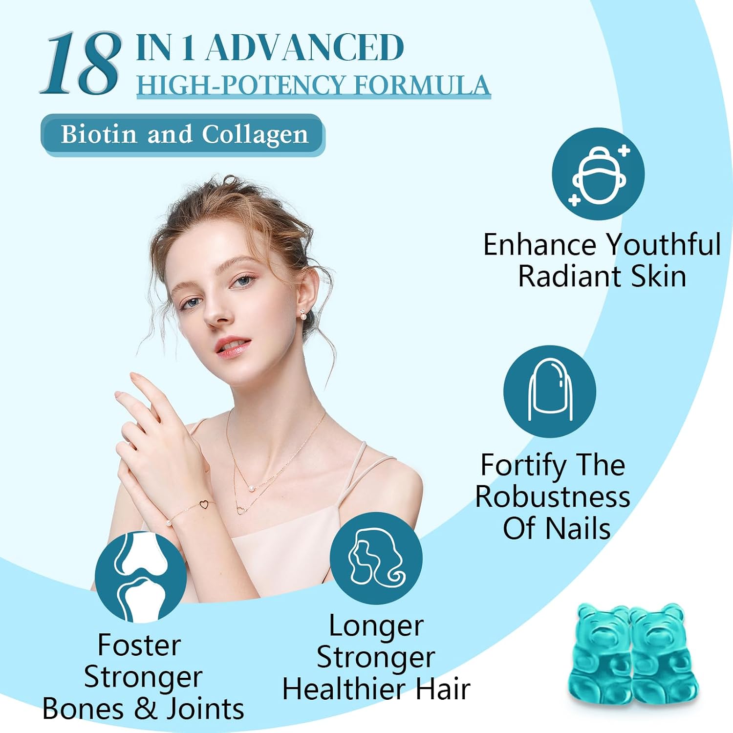 Gominolas de Biotina con Colágeno, Queratina y Ácido Hialurónico - 60 Gominolas Sabor Arándano