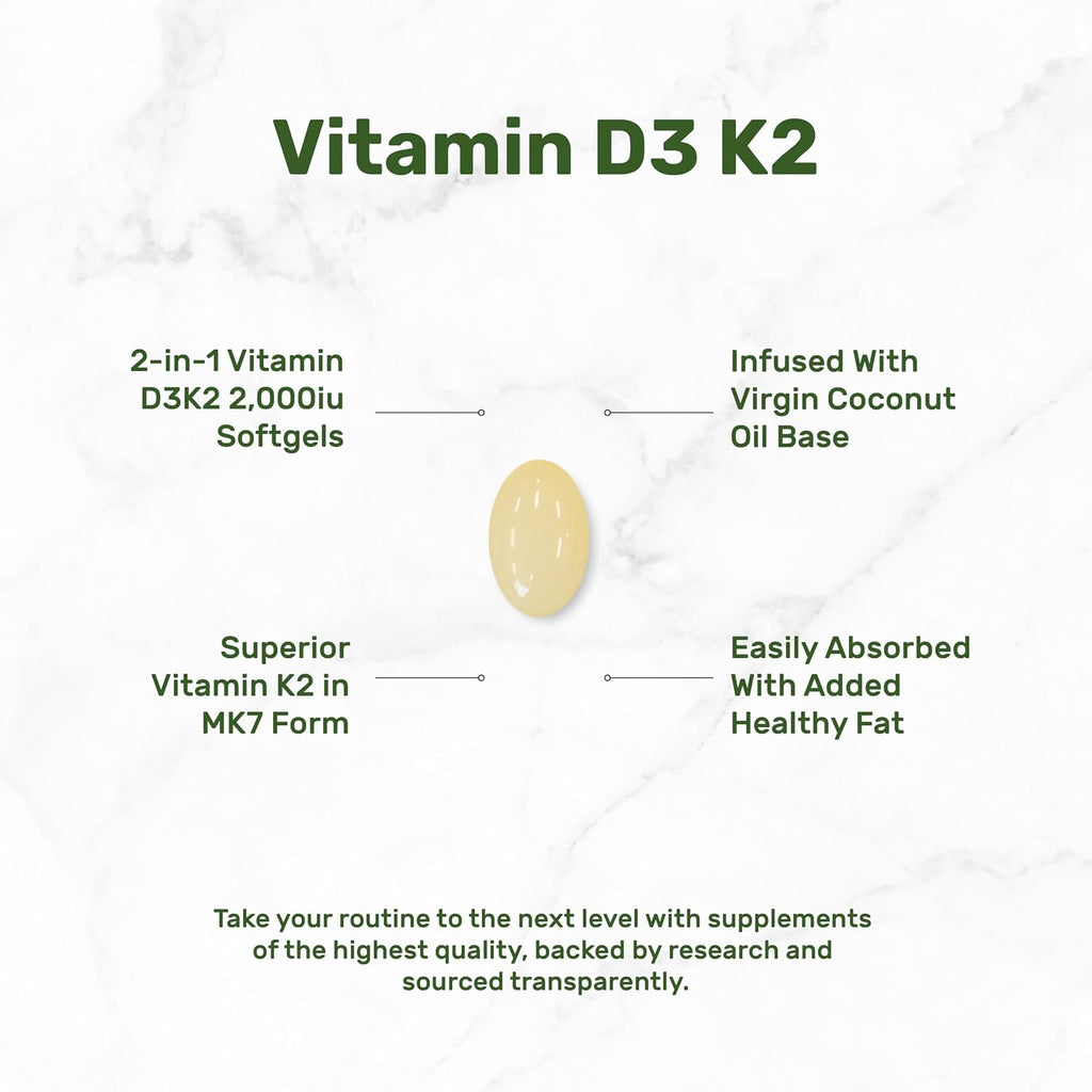 DEAL SUPPLEMENT Vitamina D3 2.000 UI + K2 MK7 50 mcg Softgels | Complejo 2 en 1 con Aceite de Coco Virgen