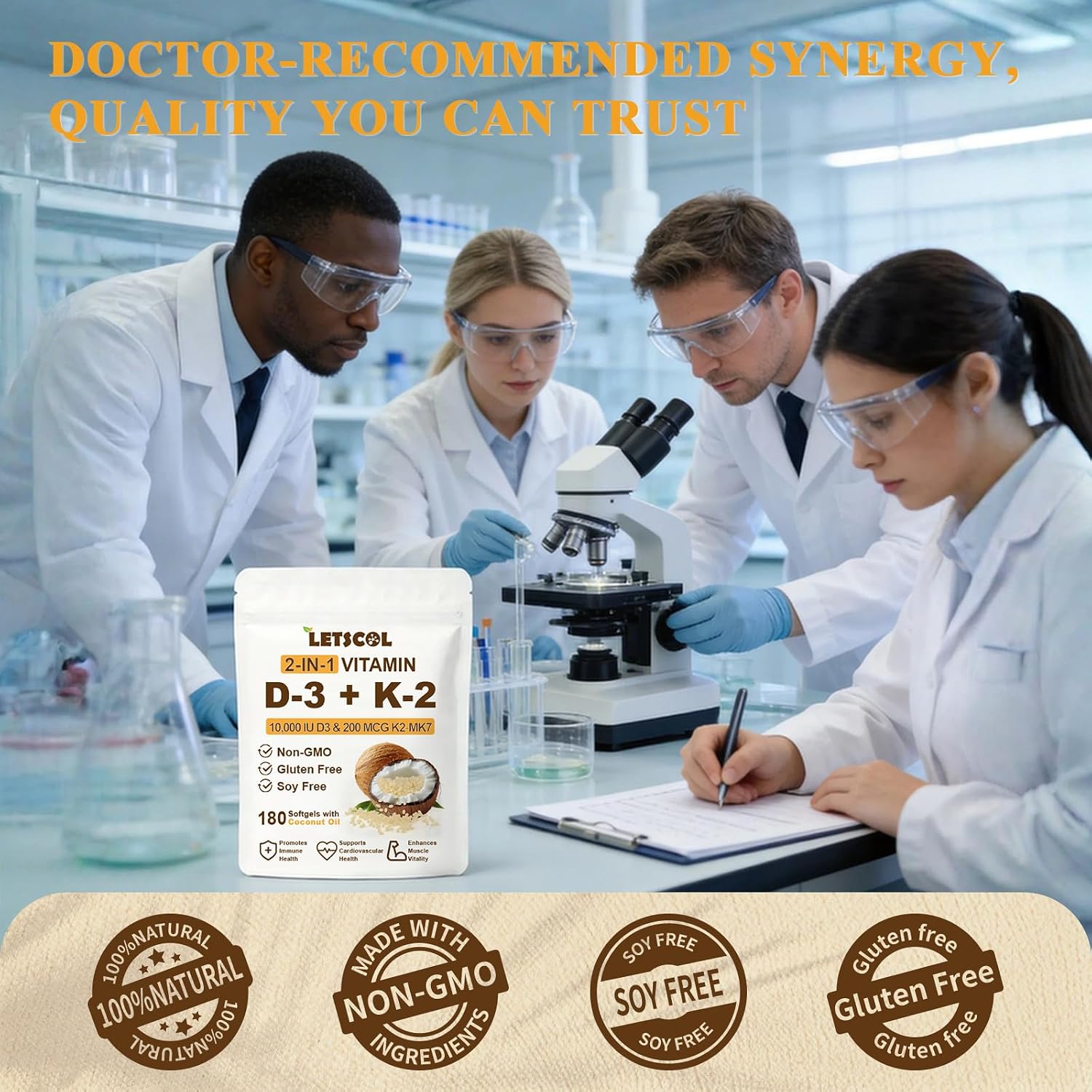 LETSCOL 2-en-1 Vitamina D3 K2 Softgel, 10000 UI de Vitamina D3 y 200 mcg de Vitamina K2 MK-7