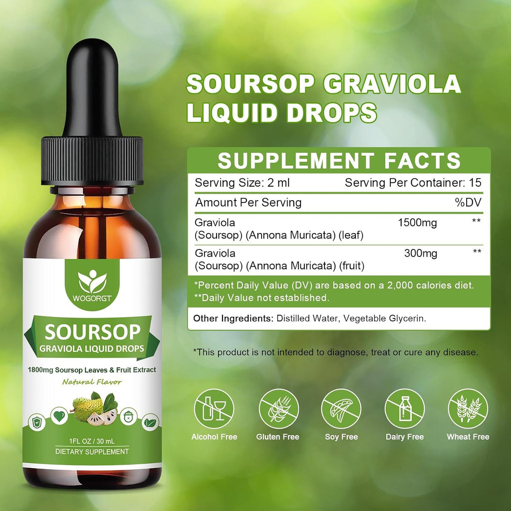 WOGORGT Gotas Líquidas de Soursop Graviola (4 Pack) - 1800mg por Dosis