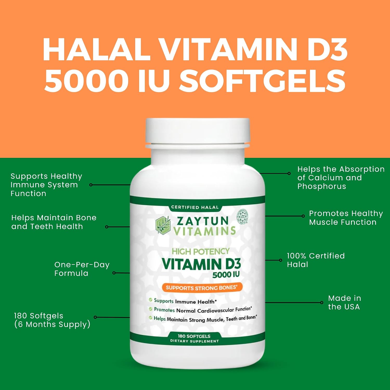 Zaytun Vitamina D3 5000 IU, 180 Cápsulas Blandas - Halal, Sin Gluten, No GMO