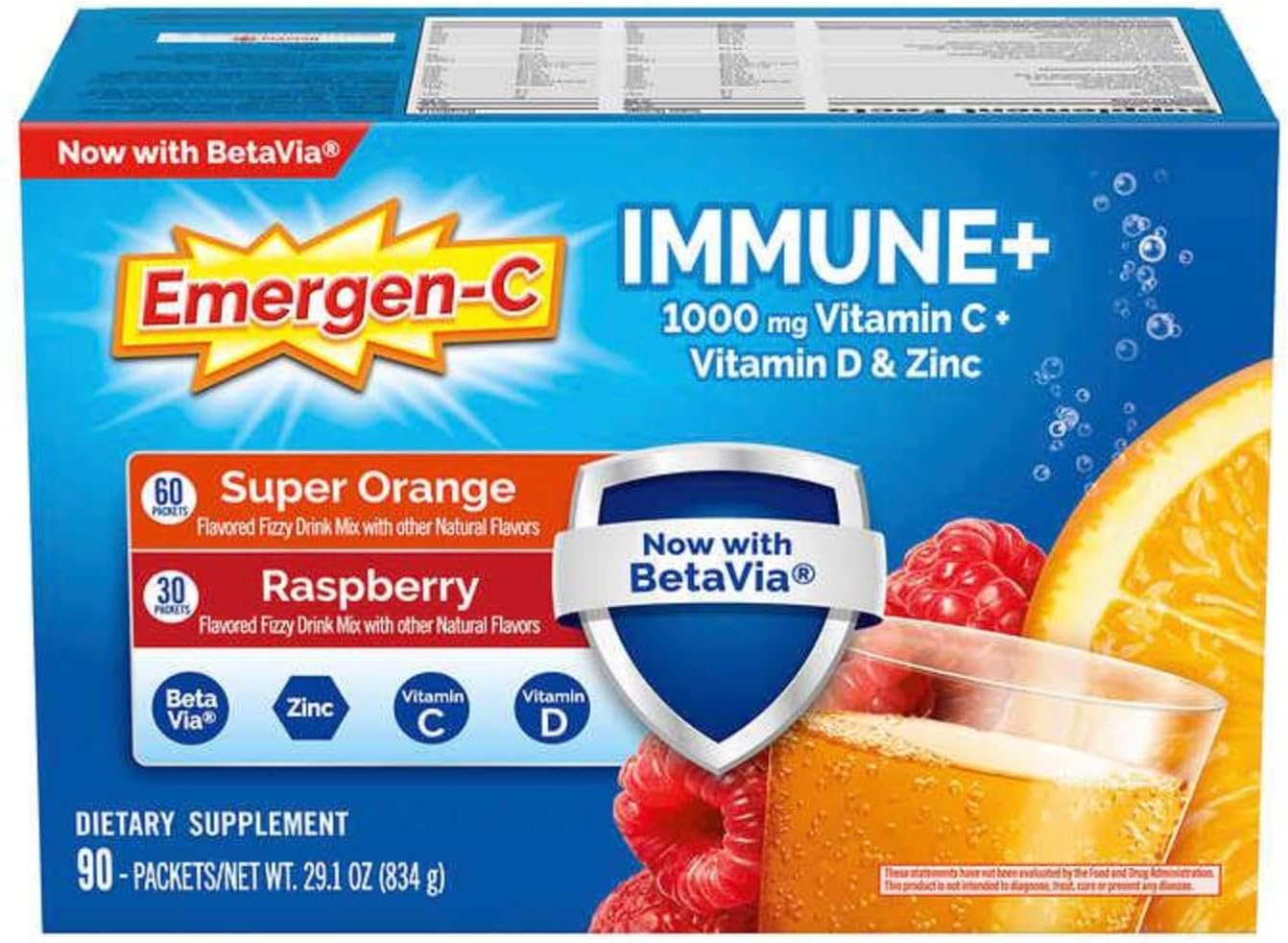 Emergen-C Immune+ 1000 mg Vitamina C + Vitamina D + Zinc, Super Orange (60) y Raspberry (30) – 90 Sobres