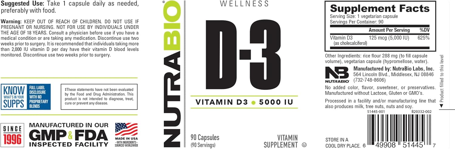NutraBio Vitamina D3 (5000 UI), Apoyo Inmunológico - 90 Cápsulas Vegetales