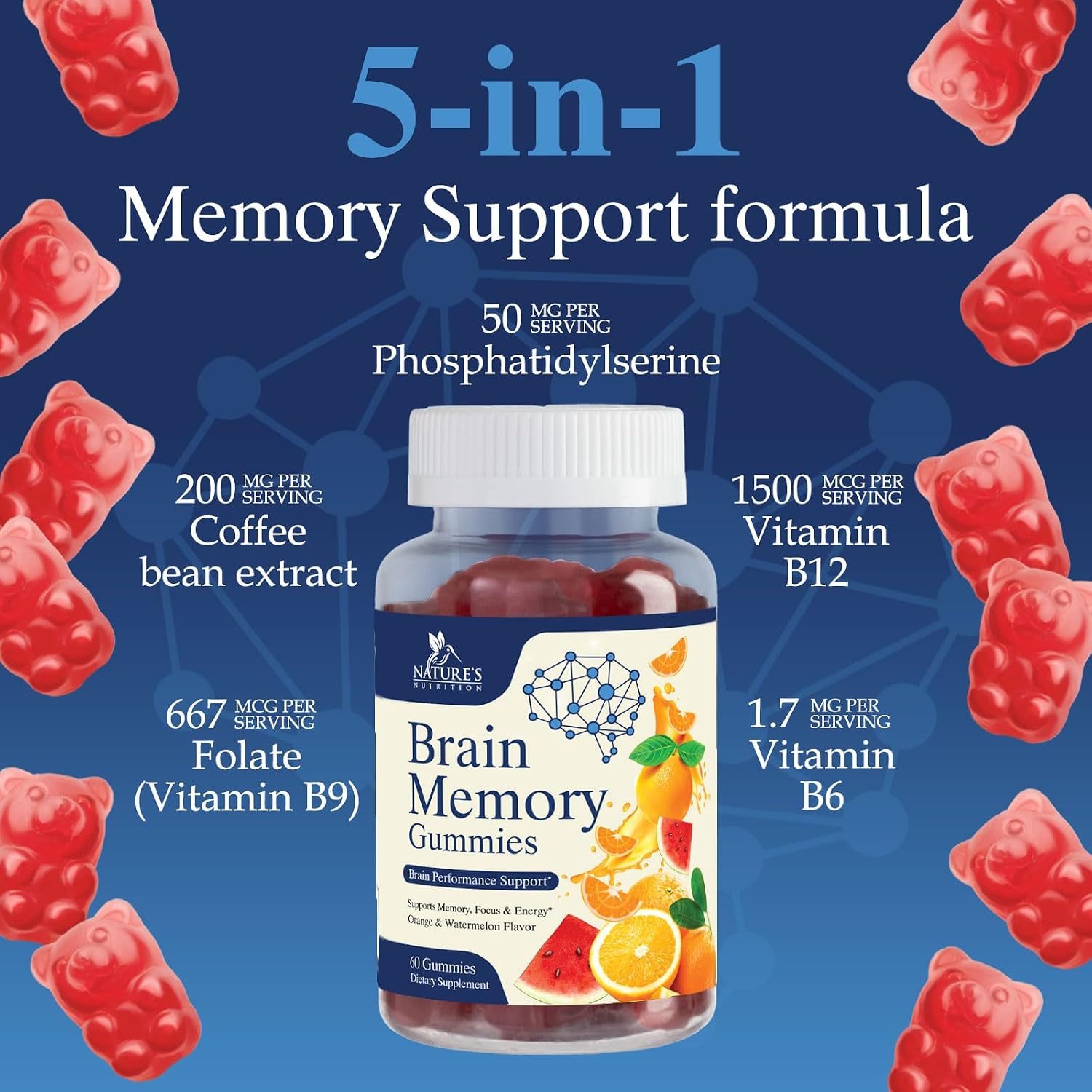 Nature's Nutrition Gominolas para el Cerebro - 3X Fuerza con Fosfatidilserina, B6, B12 y Nootrópicos para Memoria, Enfoque y Concentración - 60 Gominolas