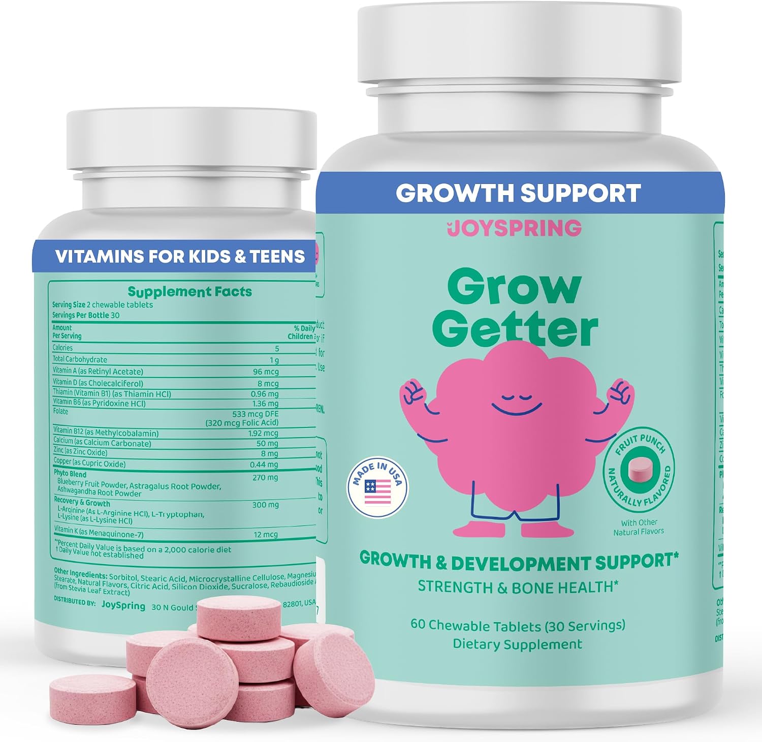 JoySpring Vitaminas de Crecimiento para Niños y Adolescentes - Apoyo a la Altura y Huesos Fuertes - Sin Azúcar - L-Arginina, L-Lisina, Zinc, Vitamina D y K2 - 30 Comprimibles