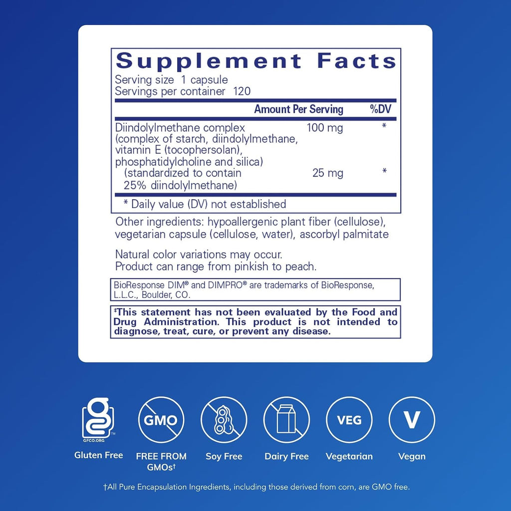 Pure Encapsulations DIMPRO 100 – Diindolilmetano – Apoyo hormonal – Sin gluten y vegano – 120 cápsulas