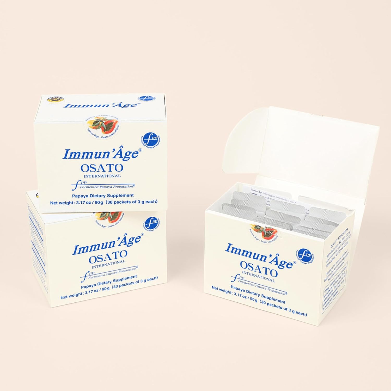 IMMUN'ÂGE Suministro para 3 Meses - Polvo de Papaya Fermentada Japonesa - 3 Cajas (90 Sobres de 3g)