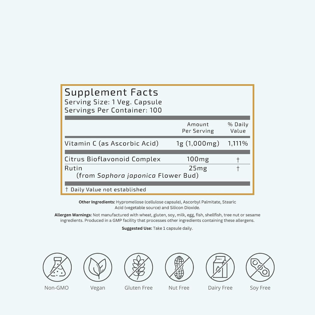 Vitamina C + Flavonoides 1000mg con Bioflavonoides Cítricos - 100 Cápsulas Veganas