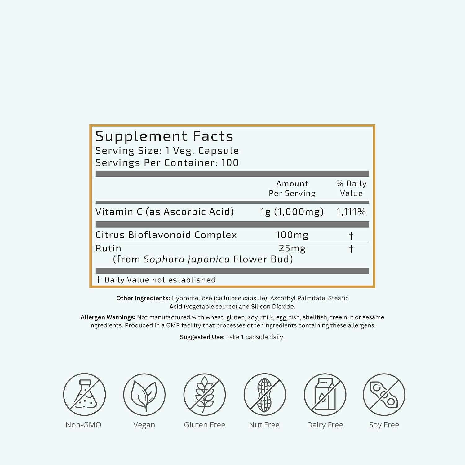 Vitamina C + Flavonoides 1000mg con Bioflavonoides Cítricos - 100 Cápsulas Veganas