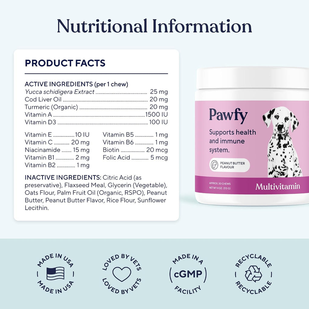 Pawfy Multivitamínicos para Perros 15 en 1 | Vitaminas para Piel y Pelaje | Apoyo para Perros Mayores | 30 Comprimidos
