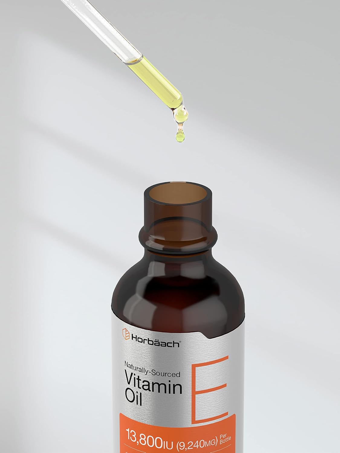 Horbäach Aceite de Vitamina E, 13,800 UI, 28 ml (1 oz) - Suplemento Líquido Natural, Vegetariano, Sin OGM y Sin Gluten