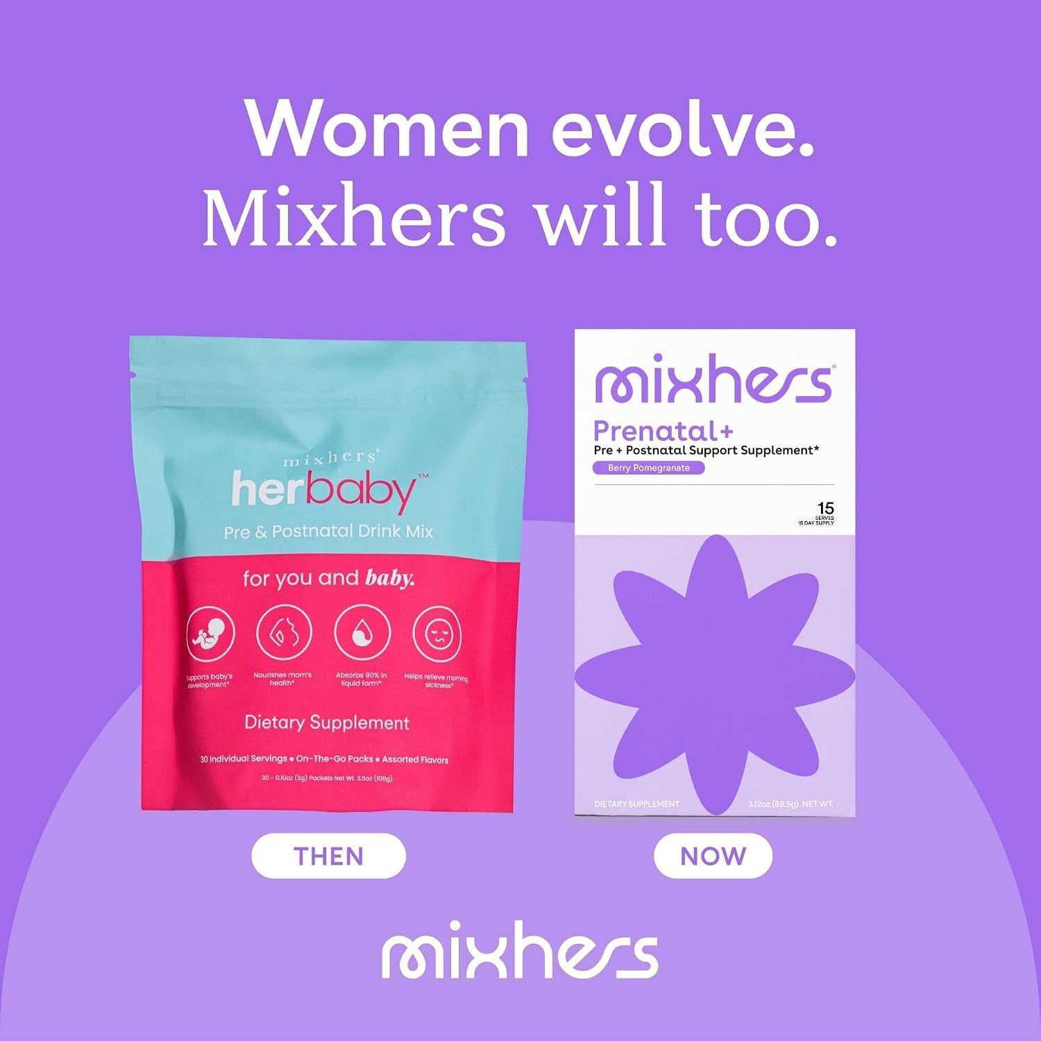 MIXHERS Prenatal+ Multivitamínico Prenatal y Postnatal en Polvo, Sabor a Frutos Rojos y Granada, 15 Sobres