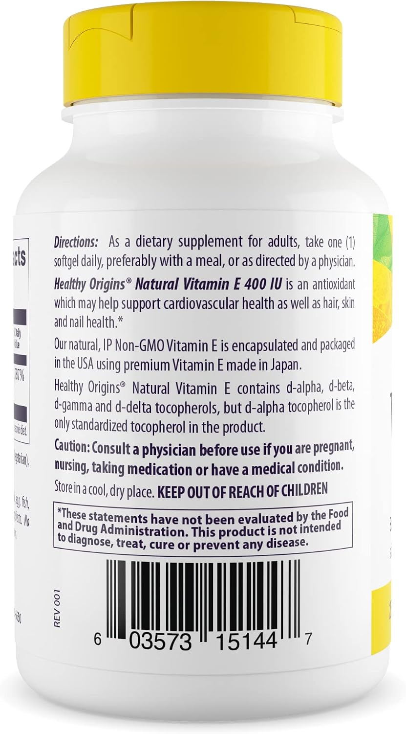 Healthy Origins Vitamina E 400 UI (268 mg) con Tocoferoles Mixtos Naturales - 90 Cápsulas Blandas