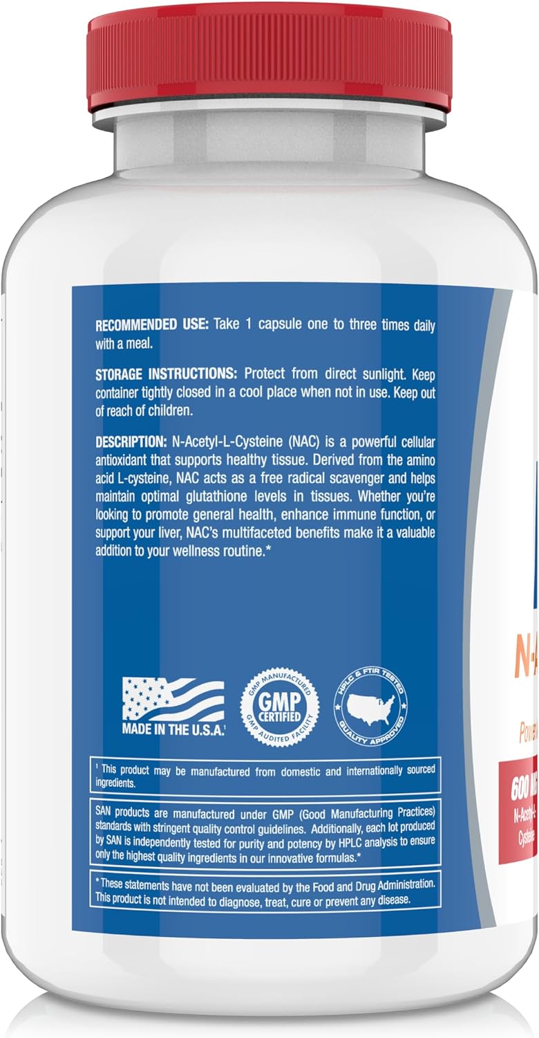 SAN N-Acetil-L-Cisteína (NAC), Salud Inmune, Respiratoria y Hepática, NAC 600 mg, Potente Apoyo Antioxidante, Radicales Libres, Fácil Absorción, 100 Cápsulas