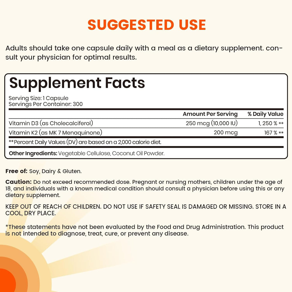 VEV Corefeel Vitamina D3 K2, 10.000 UI D3, 200 mcg K2 (con MK-7), Apoya la Salud de Huesos y Dientes, 300 Cápsulas